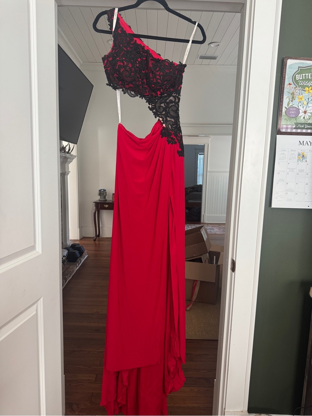 Sherri Hill Red Evening Gown with Black Lace Applique